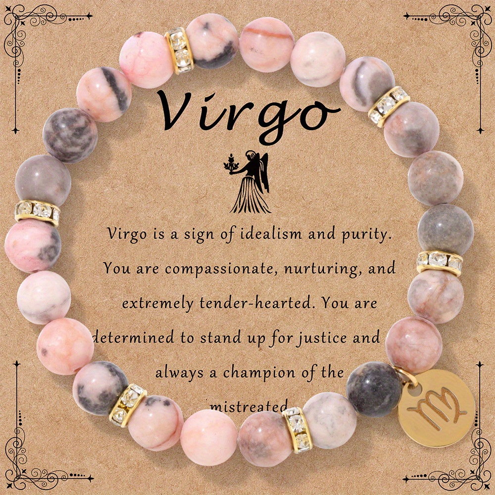 

Zodiac Bracelet Pink Zebra Beads - 8mm Fashion Bracelet For Women And Couples, Astrology Birthstone Jewelry Gift With Charm - No Metal Pendant