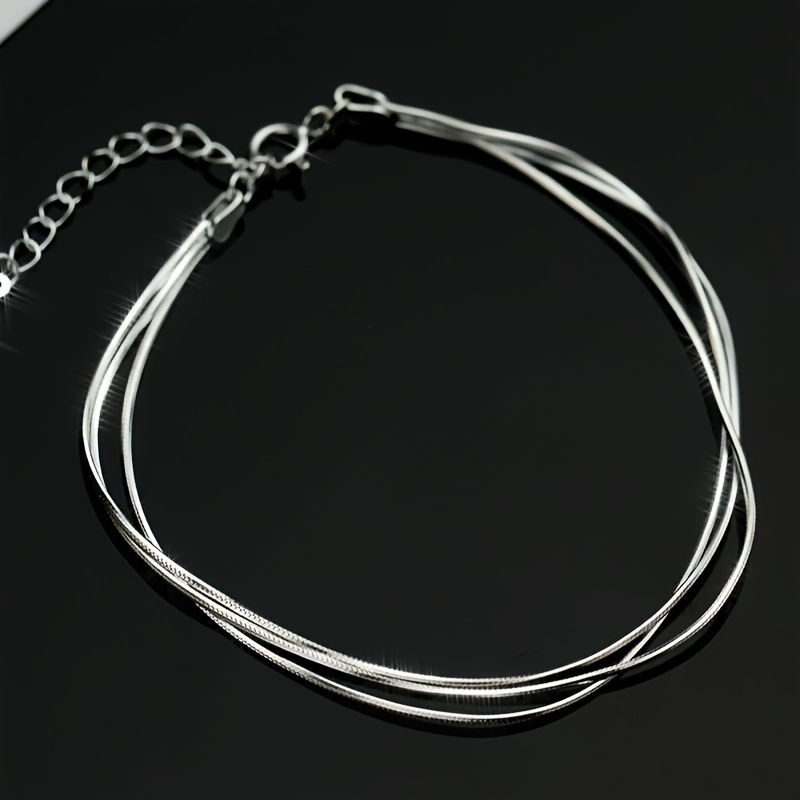 TEMU 1pc Perfect Gift Idea For Her-sterling 925 Hypoallergenic Silvery 3-layer Chain Anklet - Simple, Punk-inspired, Trendy Jewelry For Women