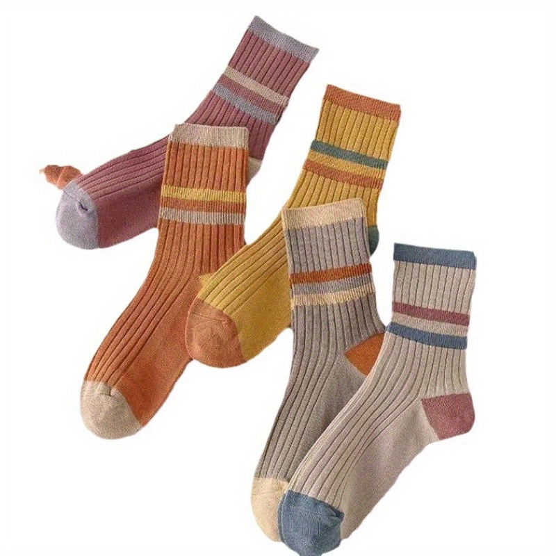 TEMU 5-pack Vintage Style Striped Socks, Mid-calf Women's Socks, Cute Sports Socks Made Of Polyester And Spandex, Machine Washable Knit Fabric