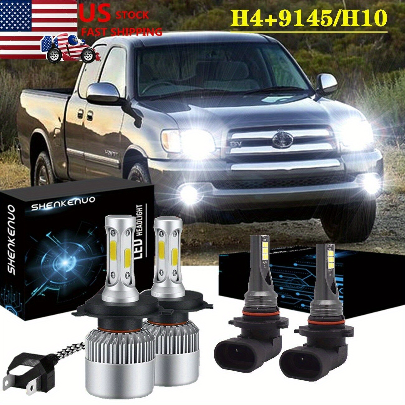 TEMU For Tundra 2000-2006 4pcs Led Headlight Bulbs Hi Low Beam + Fog Light Bulbs Combo, Without Battery