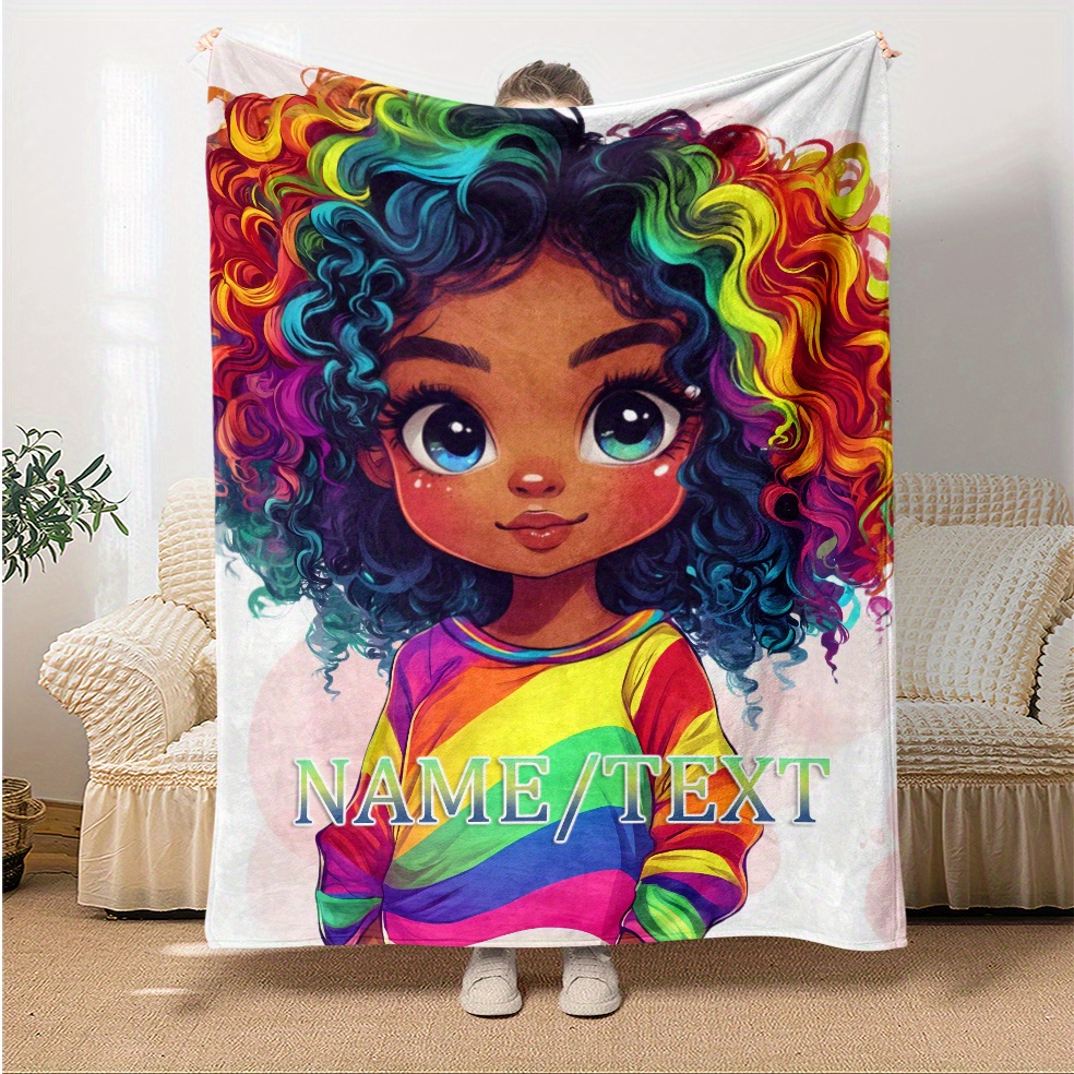 

Custom Curly Haired Girl Fleece Blanket With Personalized Name - Polyester Flannel Throw For Sofa, Bed, Office, Chair - Non-electric Warm, Soft Travel Blanket - Ideal Gift For - 1pc