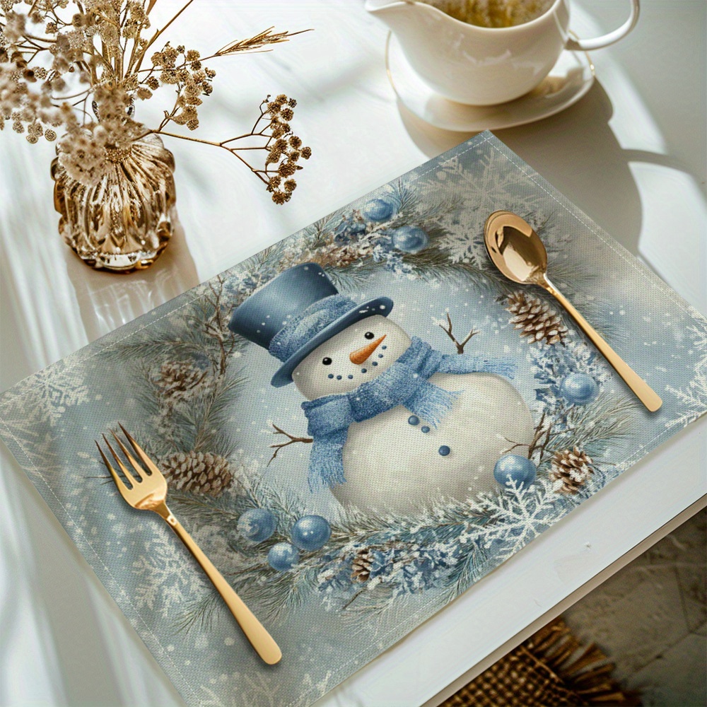 

Home Set Of 4 Snowman Placemats - Polyester Woven Table Mats, Washable Rectangle Dining Decor, Christmas Kitchen Accessories