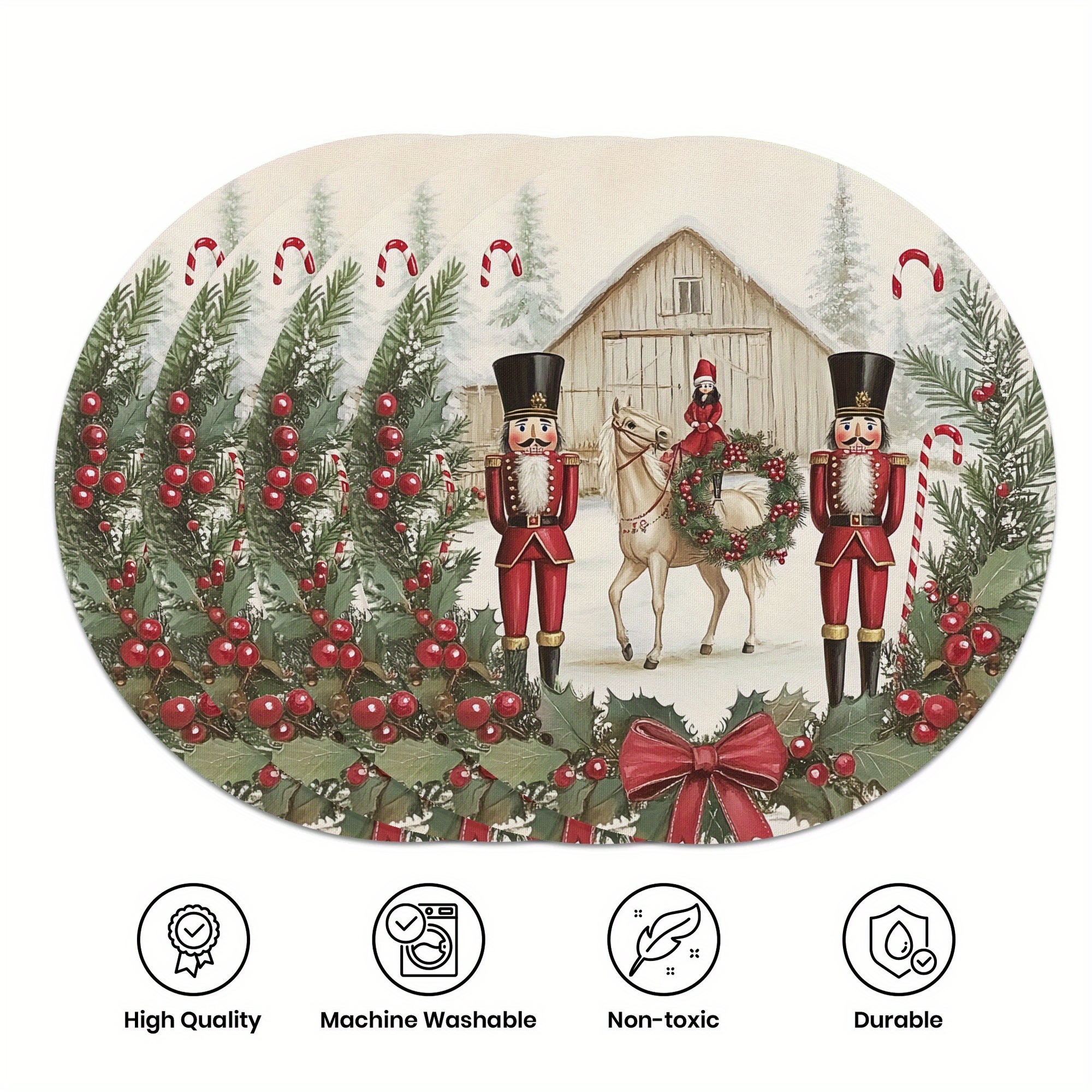 

4-piece Set Christmas Theme Polyester Place Mats - Round Woven Table Mats With Nutcracker And Reindeer Design, 15", Hand Wash Only - Dining Decor For Home, Party, And Restaurant Use