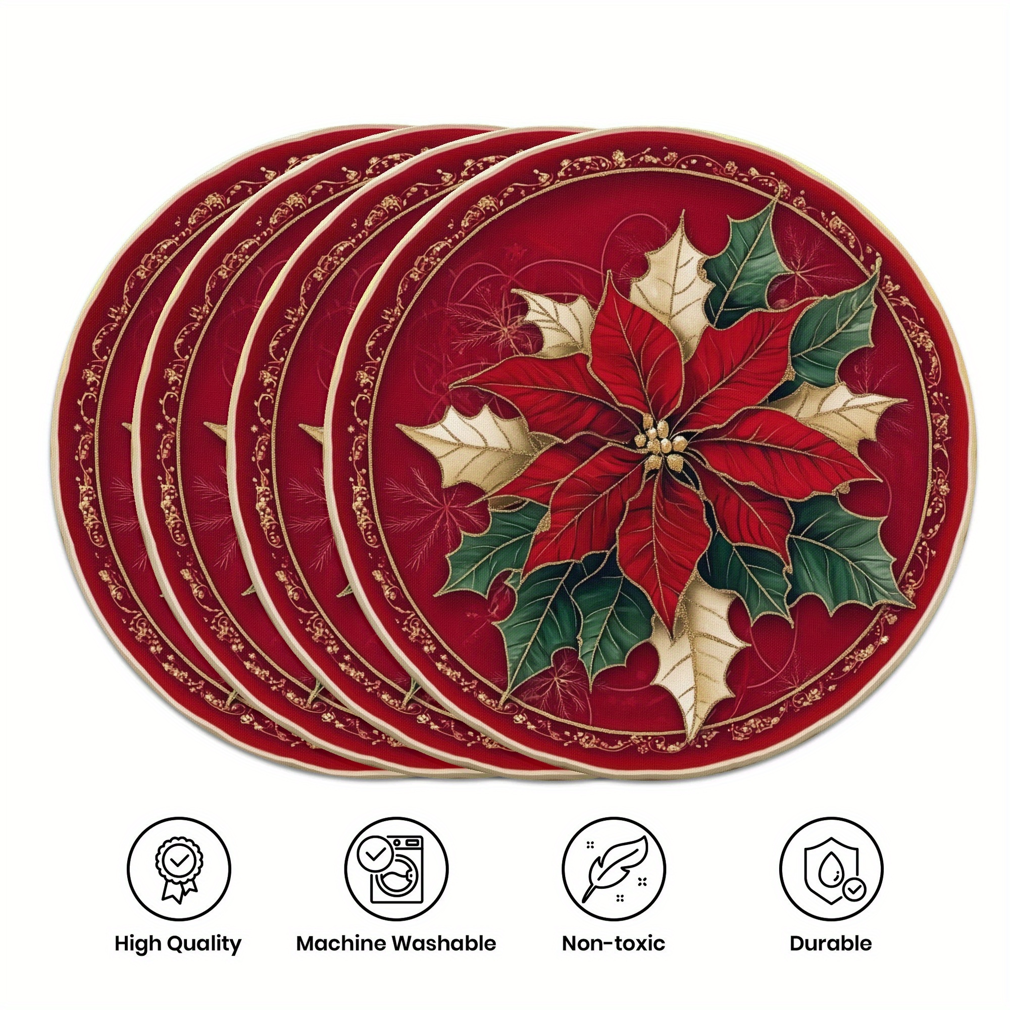 

Set Of 4 Polyester Christmas Poinsettia Placemats, Round Woven Table Mats, 15 Inch, Hand Wash, Holiday Party Kitchen And Dining Decor