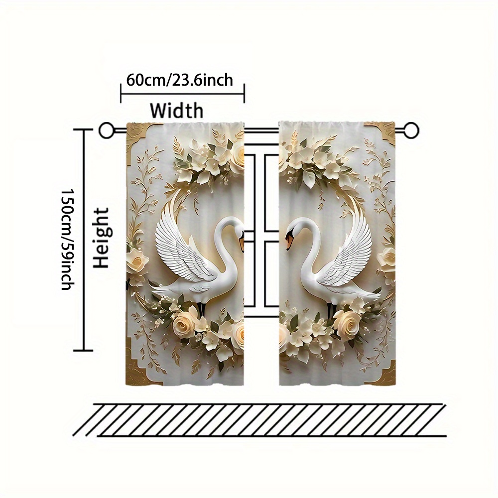 TEMU 2pcs Set Elegant White Floral & Swan Curtains - Rod Pocket Room, Bedroom, Study - Machine Washable Polyester Home Decor