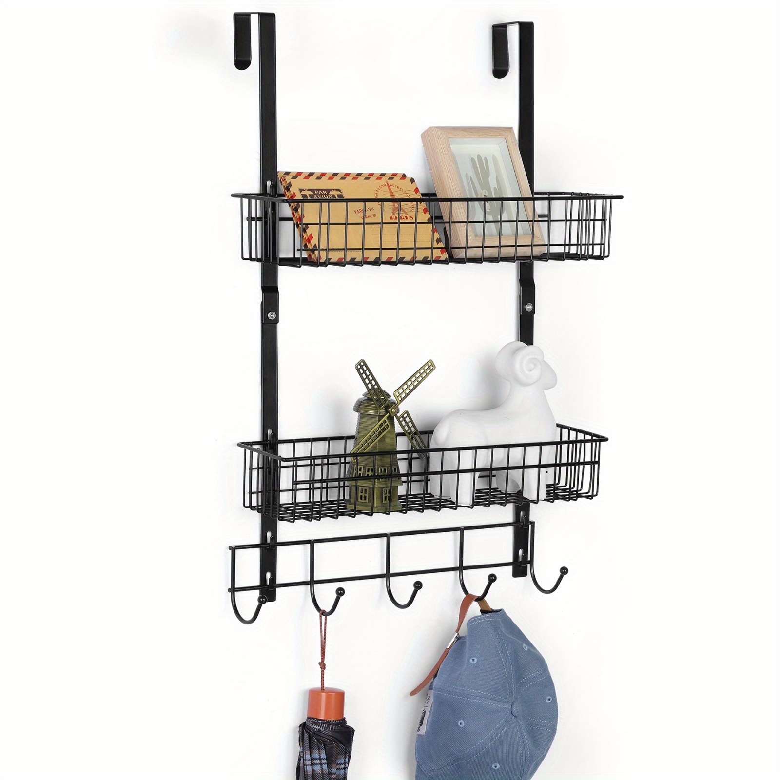 

Over The Door Hanger, Coat Rack With Mesh Basket, Detachable Over The Door Hook Organizer With Double Shelves