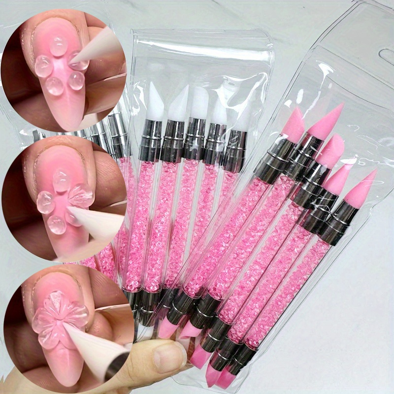 

5pcs Set Pink Dual Ended Nail Art Silicone Pen Pen 3d Flower Carving Diy Manicure Brush Nail Dotting Pen