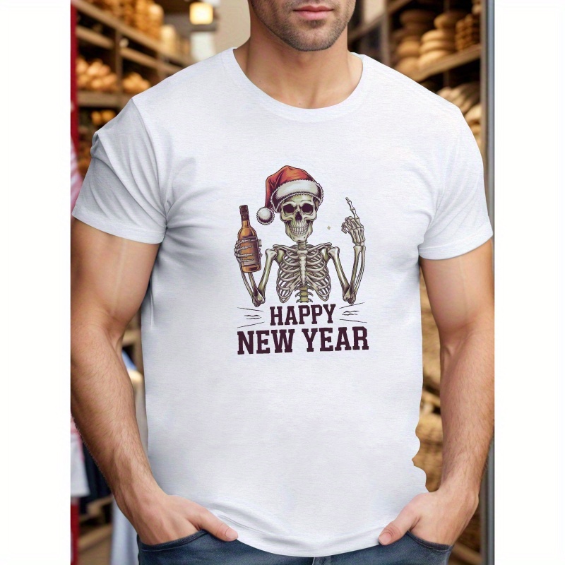 

Happy New Year Skeleton Print Men's T-shirt - Casual Short Sleeve, Breathable Polyester, Summer Fashion Tee