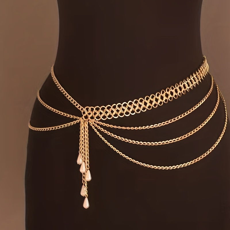 

Vintage Geometric Fake Pearls Lanyard Waist Chain Decoration Belt Women's Costume Waist Jewelry Jewelry