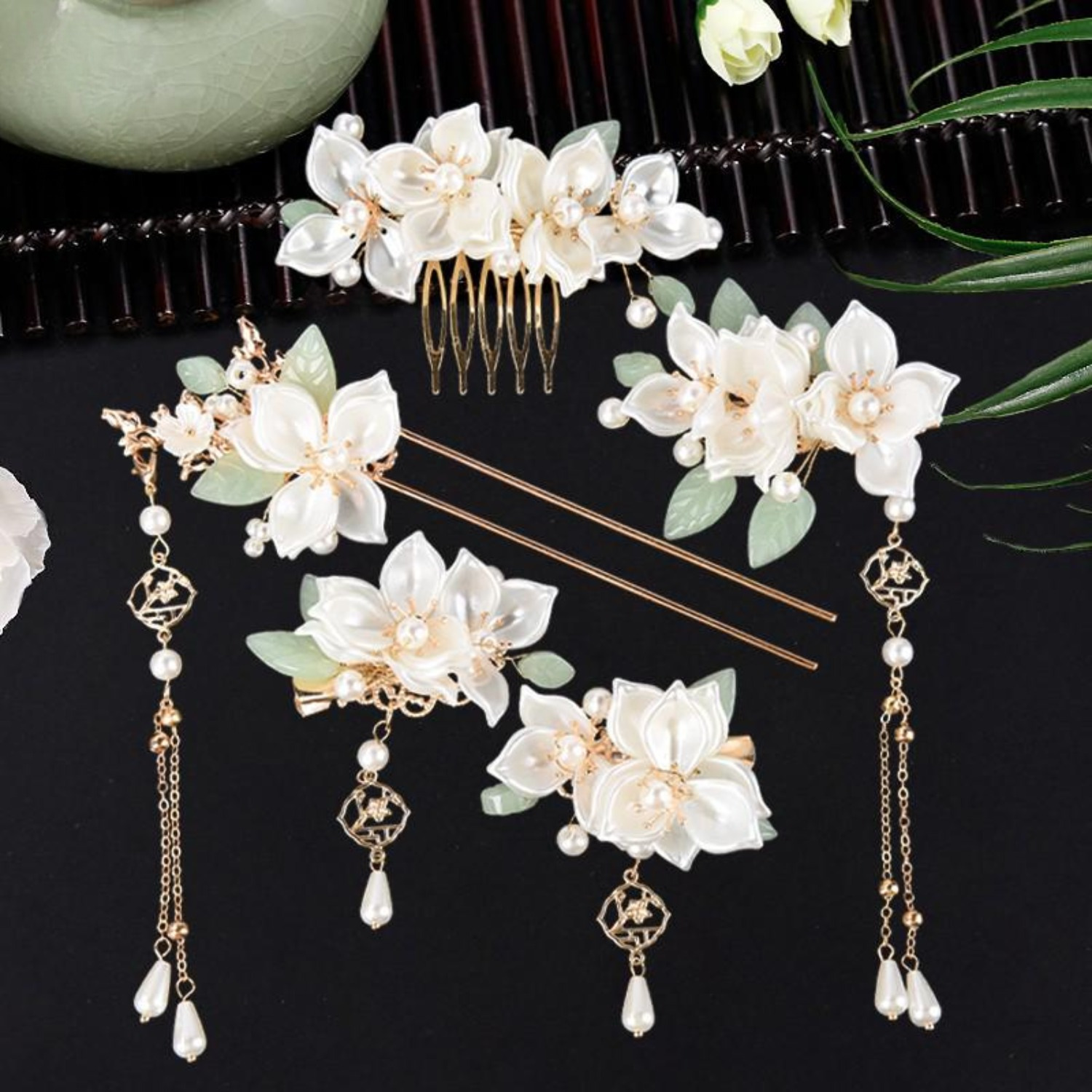 Camellia Flower Hair Pins Set | Vintage Hanfu Bridal Accessories Amazon.com : 5 Pcs Camellia Flower Tassels Hairpin, Chinese  main image 2
