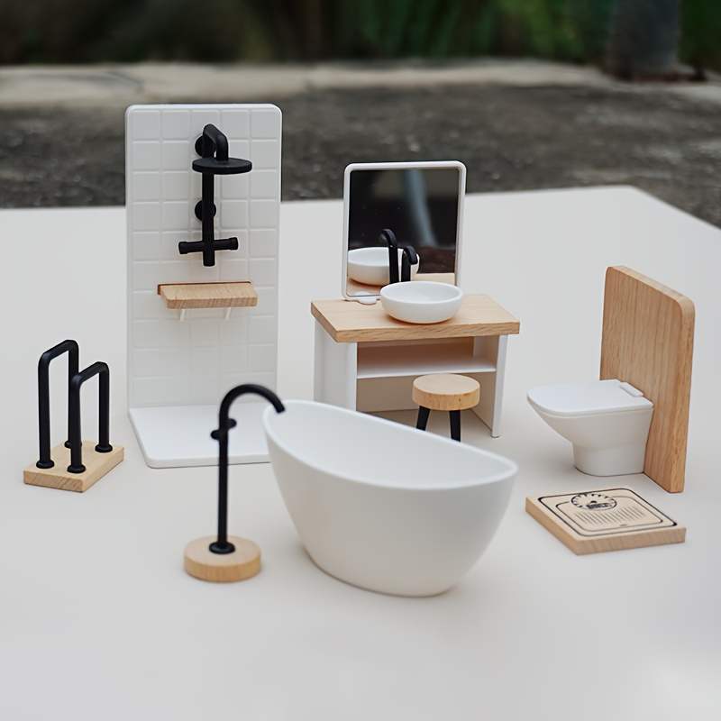 8pcs/* Dollhouse Bathroom Furniture Set Miniature Decorations for 1:12  Scale Dollhouses Complete Shower Room, Sink, Toilet, Bathtub
