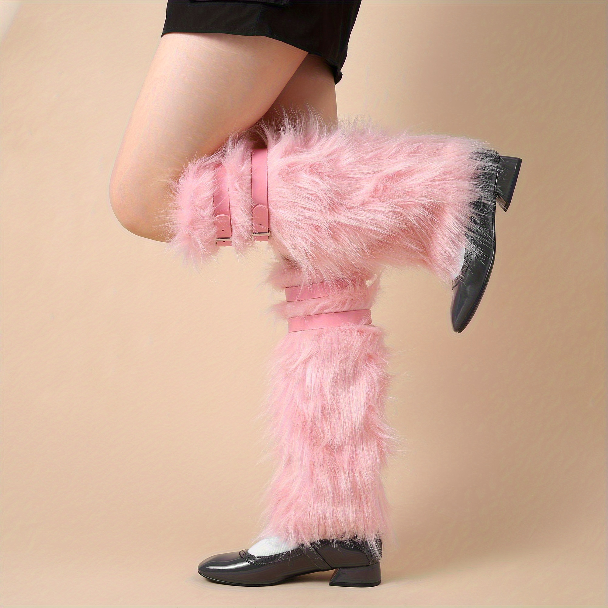 

Women's Faux Fur Leg Warmers With Square Belt, Knee-length Knit Polyester Boot Covers, Hand Washable Solid Color Boot Sleeves For Winter - 1 Pair