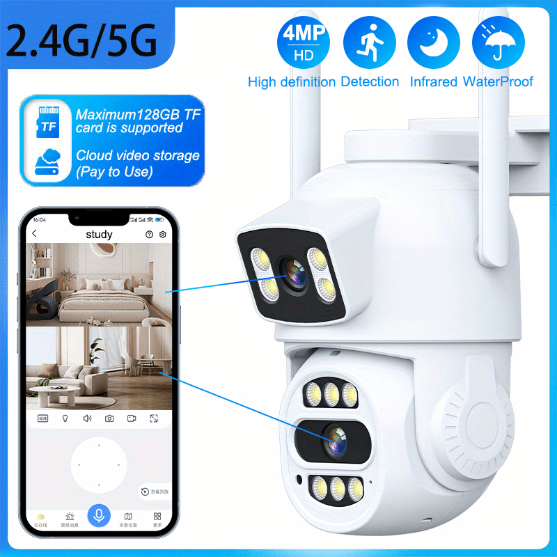 1pc Teruhal 4MP Dual Lens Wireless Security Camera, 2.4G+5G WiFi, Smartphone Compatible, Night Vision, Two-Way Audio, IP65 Waterproof, Intelligent Motion Detection, USB Powered, No Battery, for Home Surveillance details 0