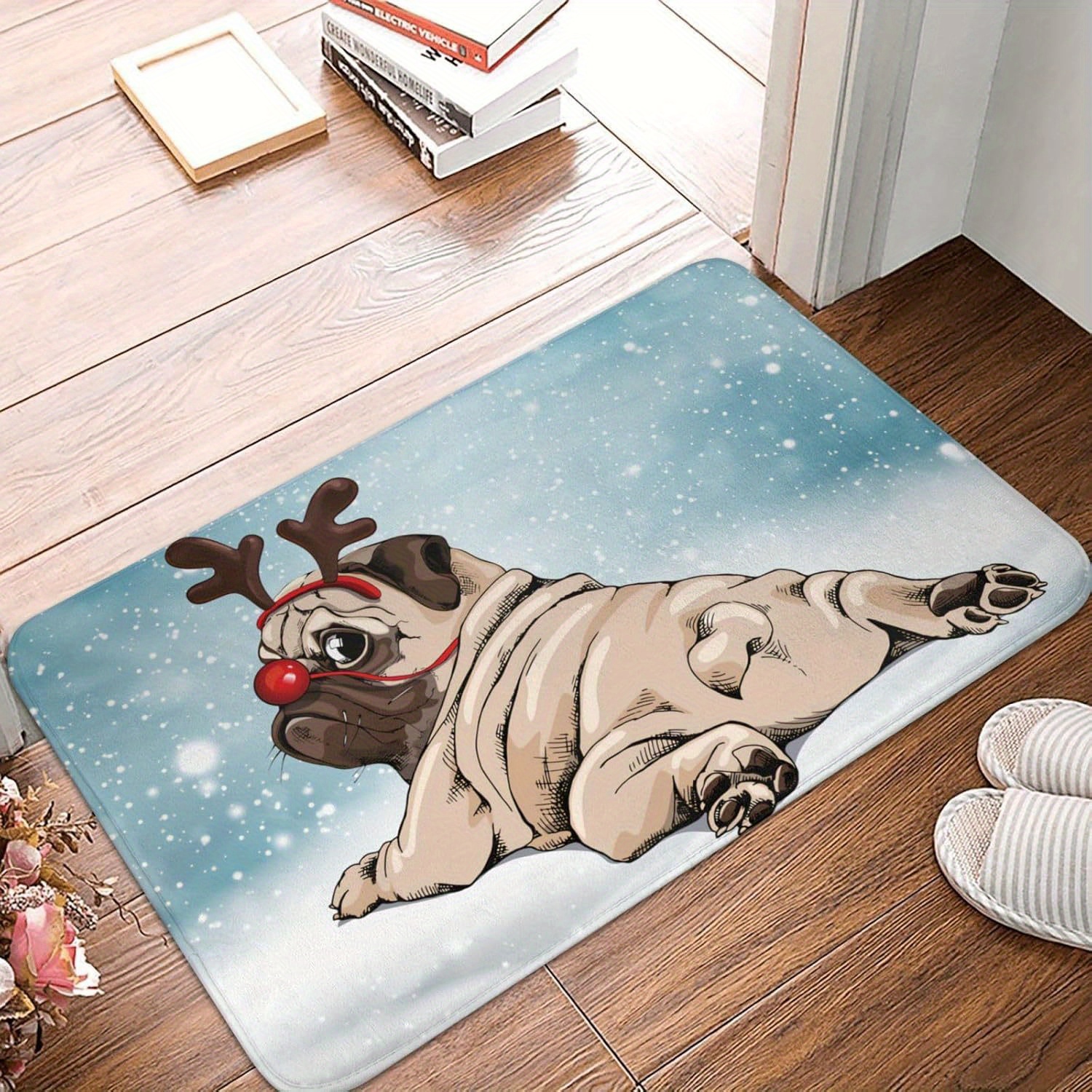 

Christmas Puppy Pug Dog Floor Mat Holiday Indoor Doormat Non-slip Welcome Door Mats Rugs For Bathroom Kitchen Bedroom Entrance Home Decor