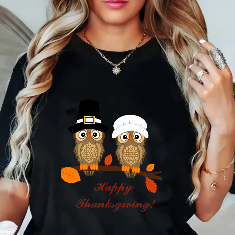 

Plus Size Thanksgiving Owl Print T-shirt For Women - Casual Crew Neck Short Sleeve Knit Top - Polyester , Slight Stretch, Geometric Pattern, Spring/summer Pullover Tee