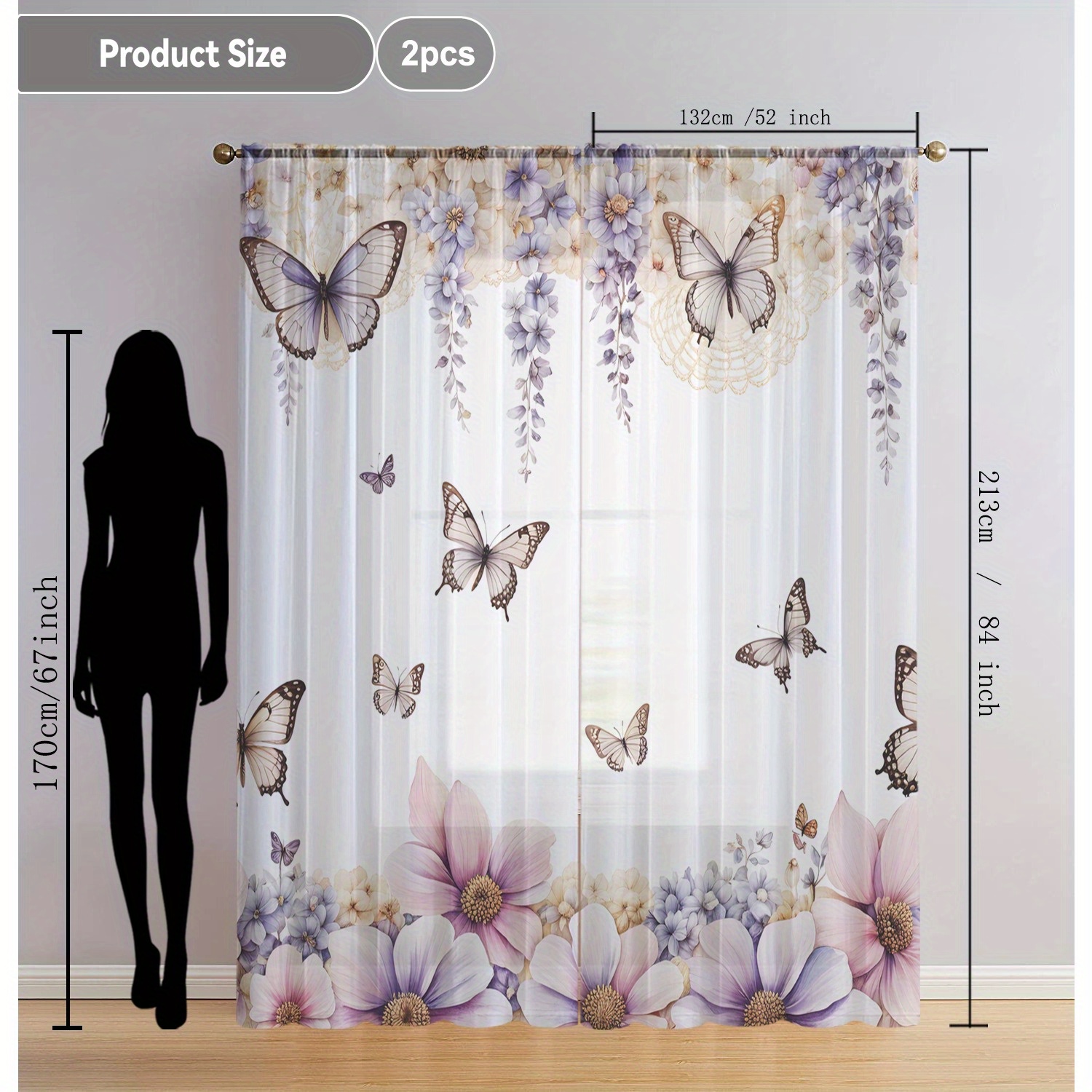 TEMU Voilages transparents de décoration intérieure Launch 2 pièces en avec des papillons battant des ailes, parfaits pour des rideaux de fenêtre