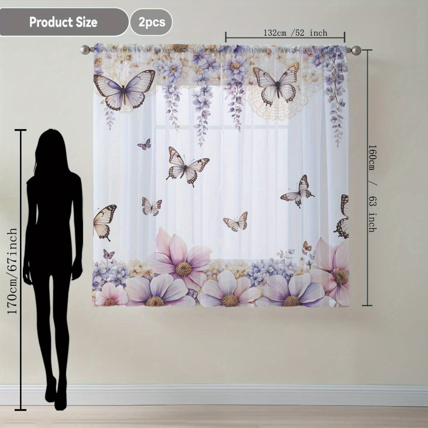 TEMU Launch 2pcs Home Decor Sheer Curtains In Purple With Fluttering Butterflies, Perfect For Window Drapes Suitable For Kitchens, Cafes, Living