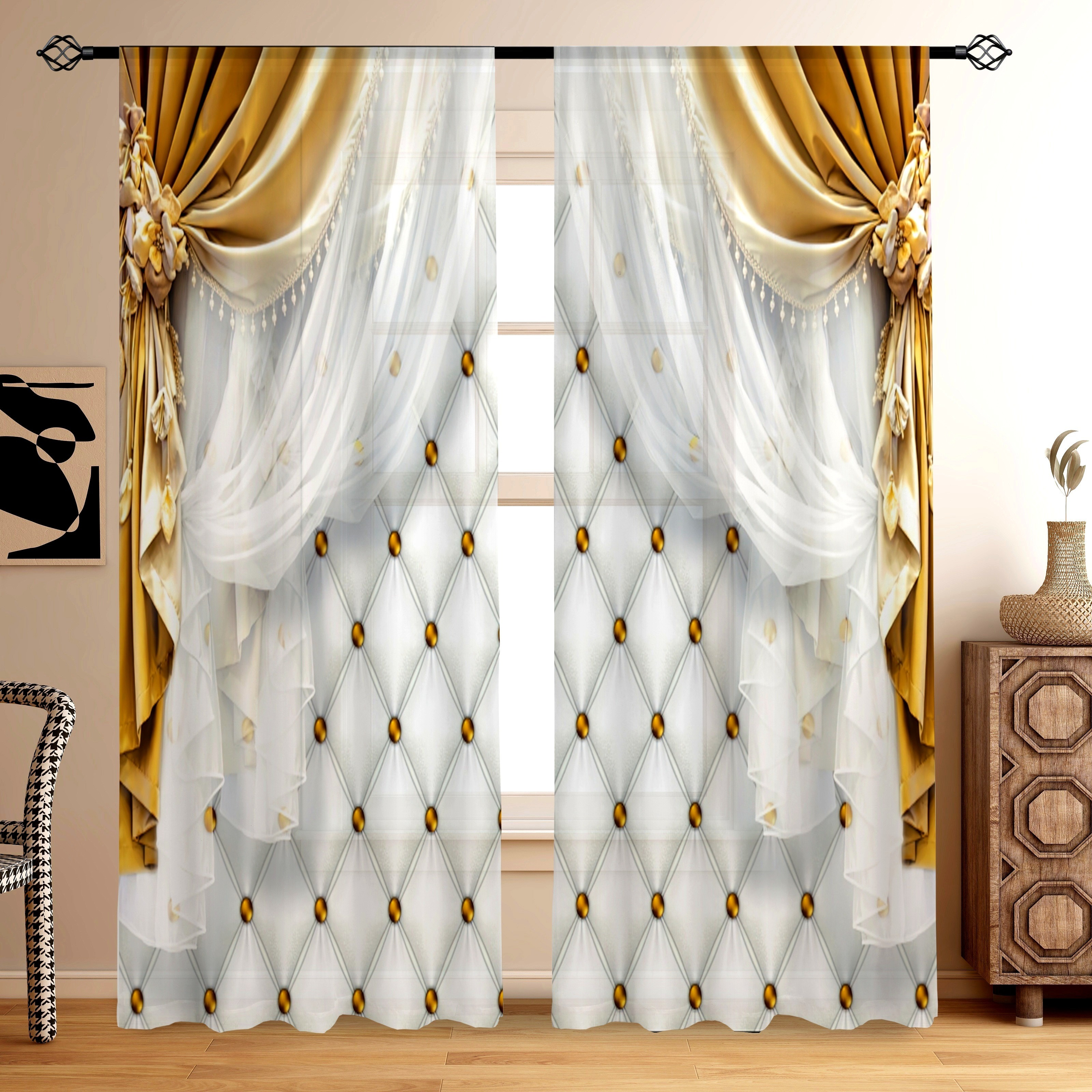 

2pcs Set Curtains - , Polyester For & Bedroom Decor