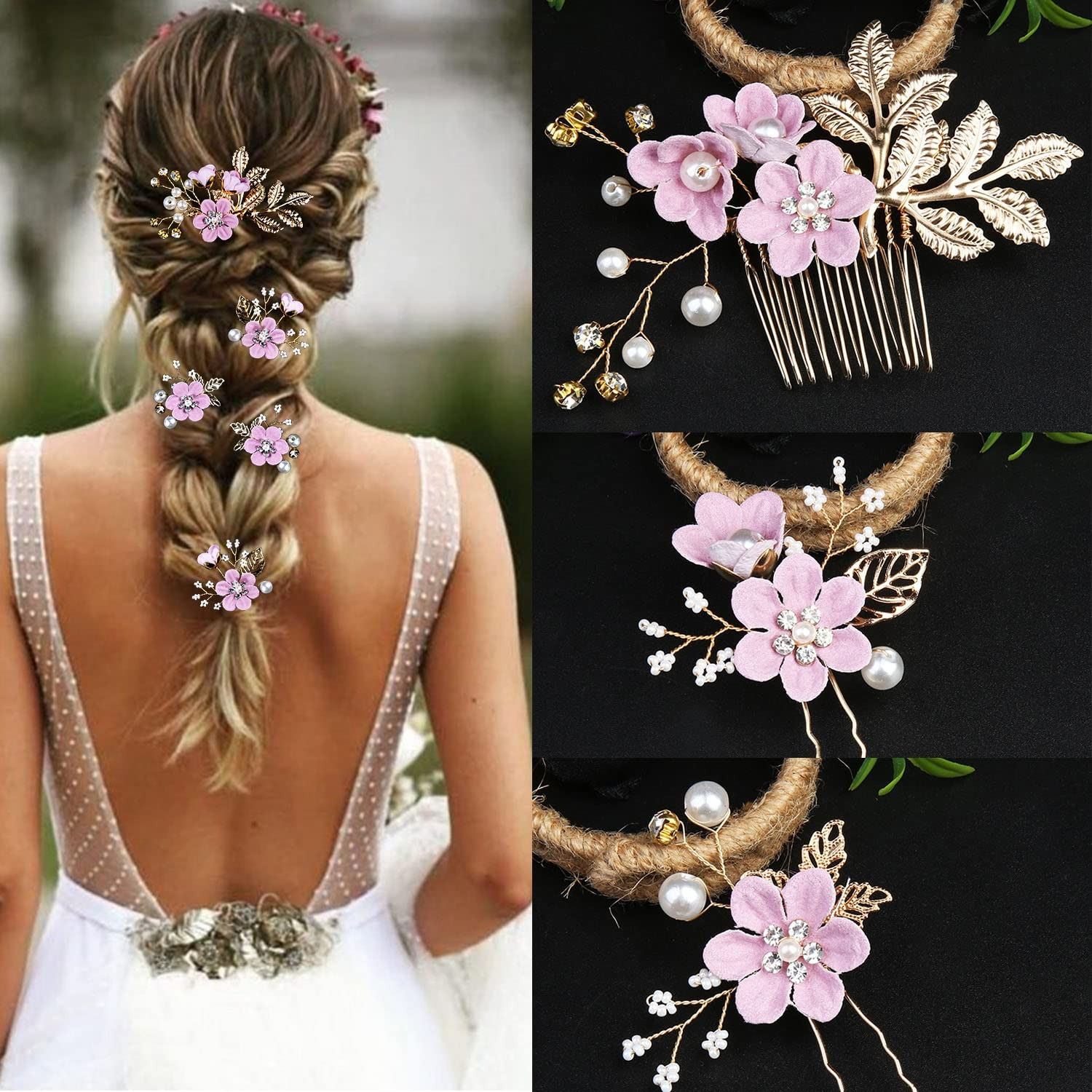 TEMU Pearl Hair Clips, Bridal Flower Wedding Hair Pins, 5 Pcs Headpiece Hair Accessories, Jewelry With For Bridesmaids Women, Christmas Halloween Wedding Gifts Romantic Lilac Purple