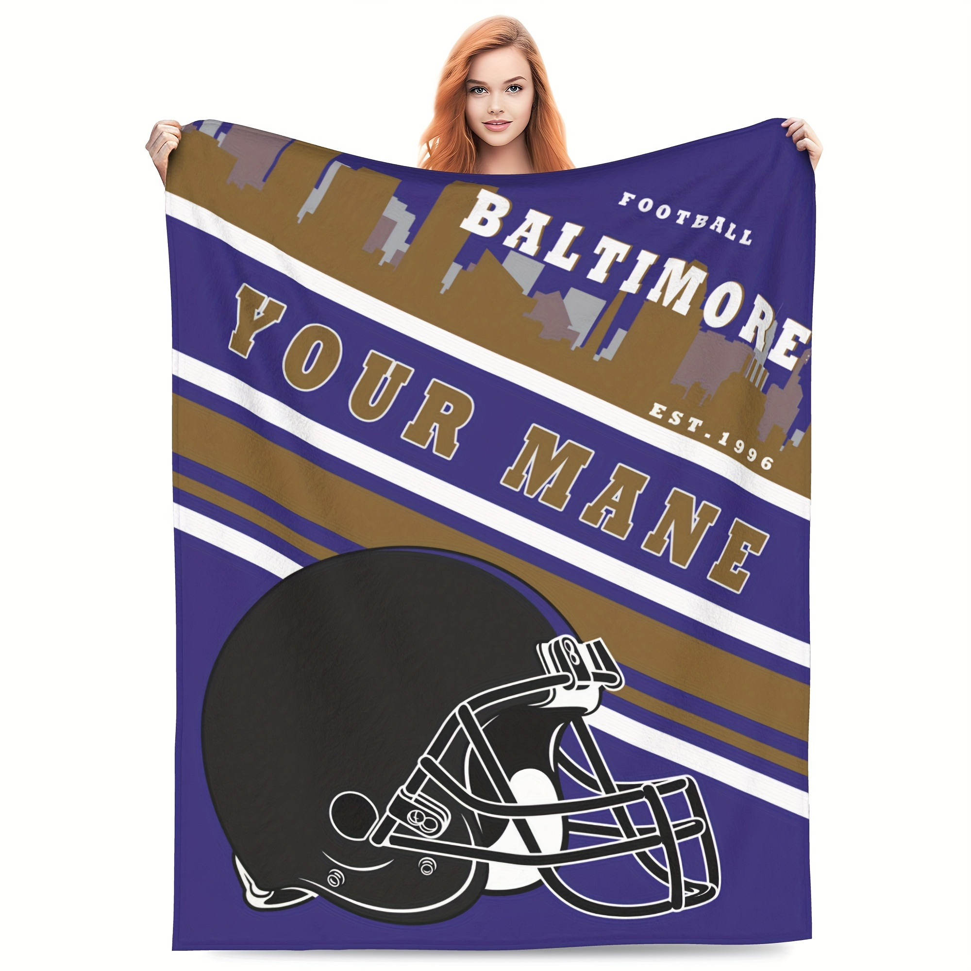 

Football Fan Custom Throw Blanket - Personalized Name, Ideal For Teens & , Soft Polyester, Rectangular, Battery-free, Knit Fabric With Preppy Digital