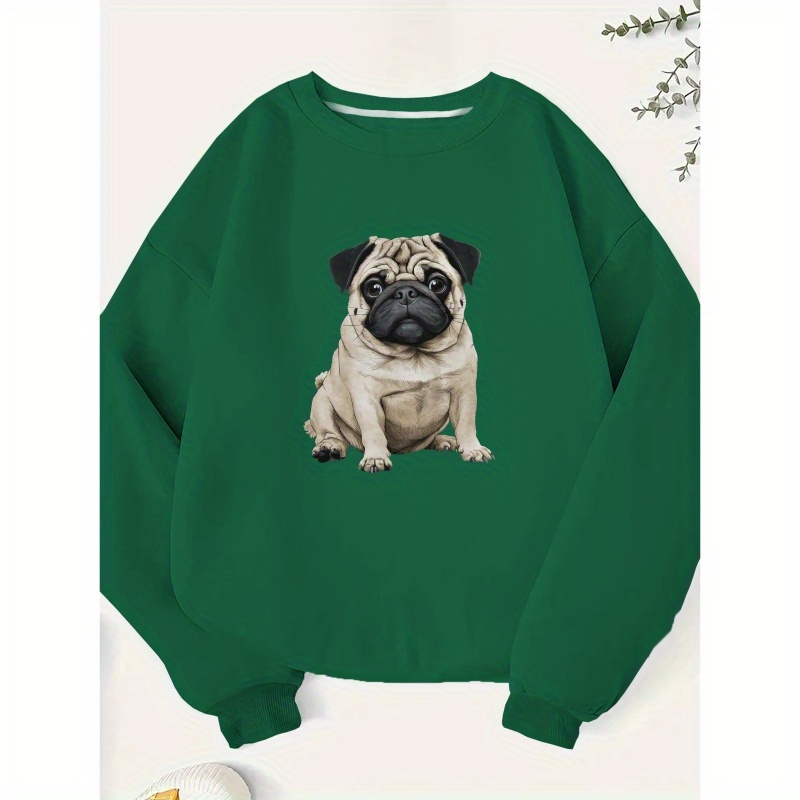 

Face Pug Dog Sweatshirt, Crew Neck Casual Sweatshirt For Fall & Spring, Women's Clothing