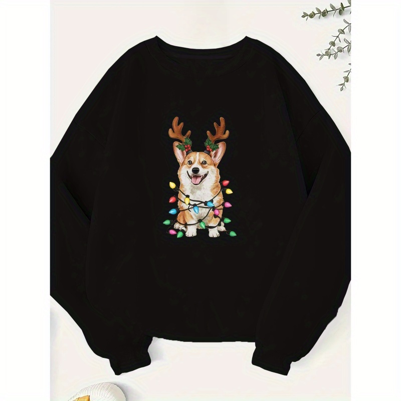 

Women's Corgi Sweatshirt - 100% Polyester Casual Crew Neck Pullover With Lights Pattern - Knit Fabric Fall/winter Top