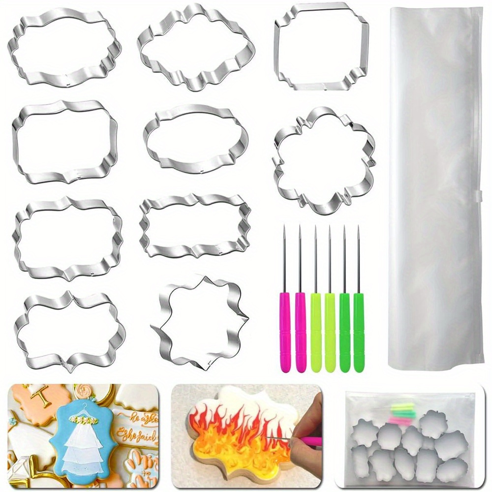 

10pcs Cookie Cutter Stainless Steel Cookie Mold, With 6 Cookie Line Markers Storage Bag, Suitable For Kitchen Baking Gummy Cake Decoration Tools