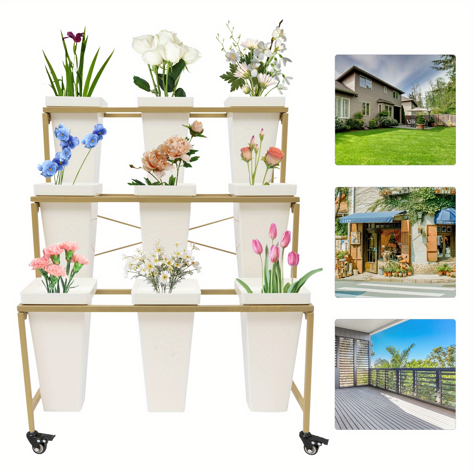 

3-tier Flower Display Stand - Mobile, Flower Holder High-capacity, Easy , Frame Ideal For Home And Commercial Use, Locking Wheels For