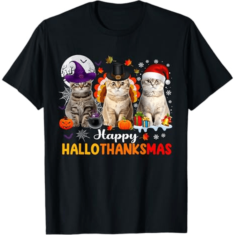 

Happy Cats Thanksgiving Christmas Themed T-shirt. Suitable As A For Cat Lovers. 100% Cotton . S-xxxl.