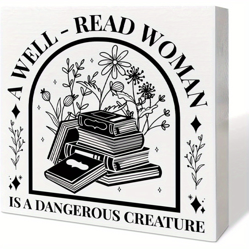 

1pc Wooden Book Stack Sign For , A Well-read Woman Is A Creature, Uncharged Wood Frame Desk Decor, For Home, Bedroom, Librarian,