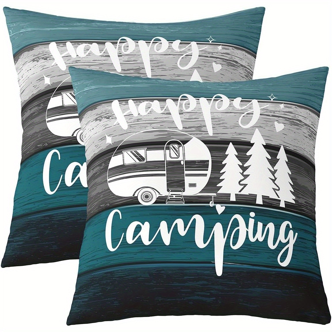 E-shop 2D Flat - 2er-Set Vintage Camping Kissenbezüge, 45X45 cm - Mit einseitigem Druck mit den Worten '', Illustrationen und Bäume, blau-grau