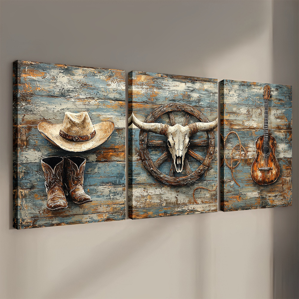 

3 / Set Cowboy Wall Art - Vibrant Canvas Painting For Home Decor - 16*24in/ 40cm*60cm, Artworks For Decoration And As Gifts, Decoration, Wall Art, Canvas Print, Ready To Hang