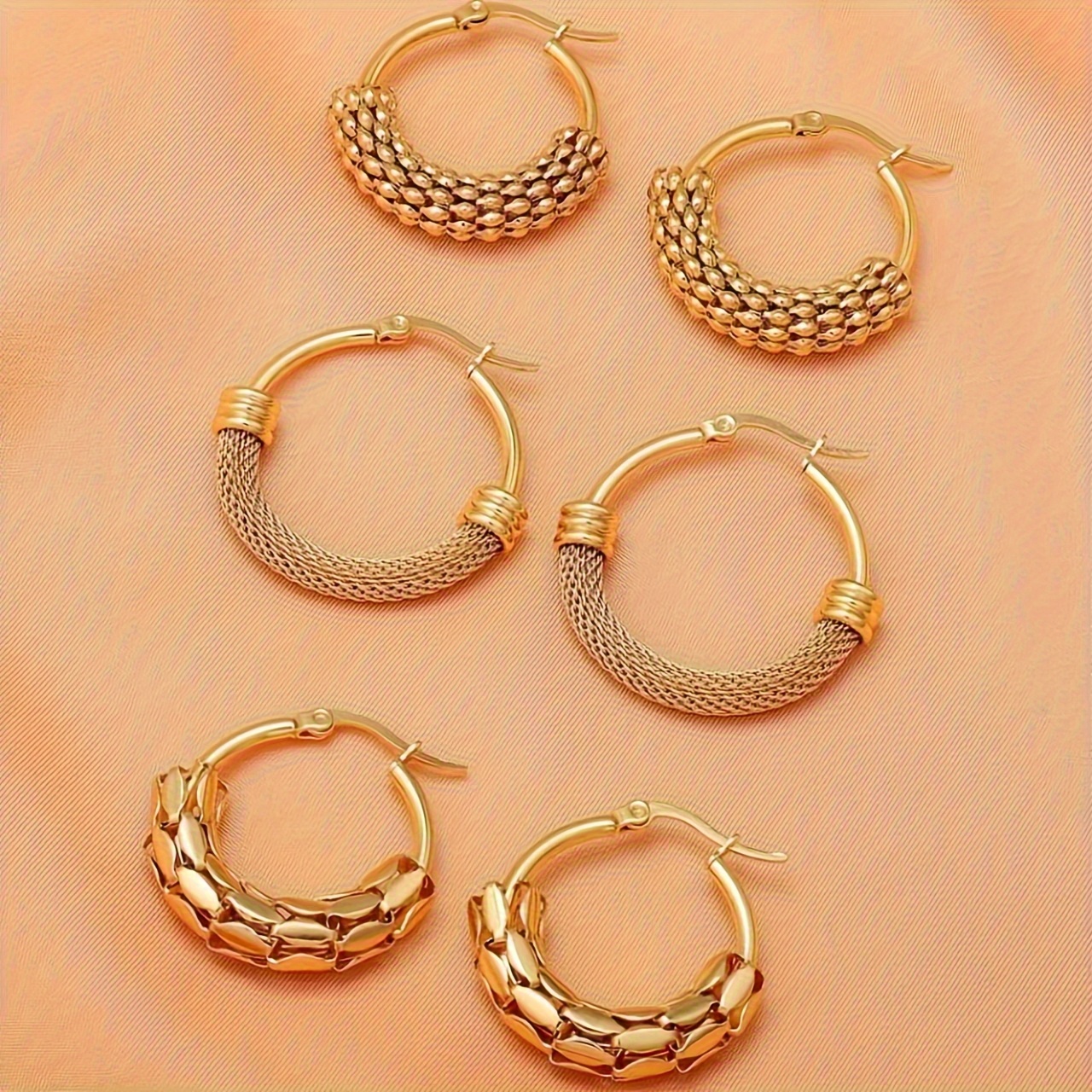 

3 Pairs Stainless Steel Textured Grain Earrings, Fashion Hoop Earrings Set For Women, Vintage & Bohemian Style, Chic Jewelry Accessory