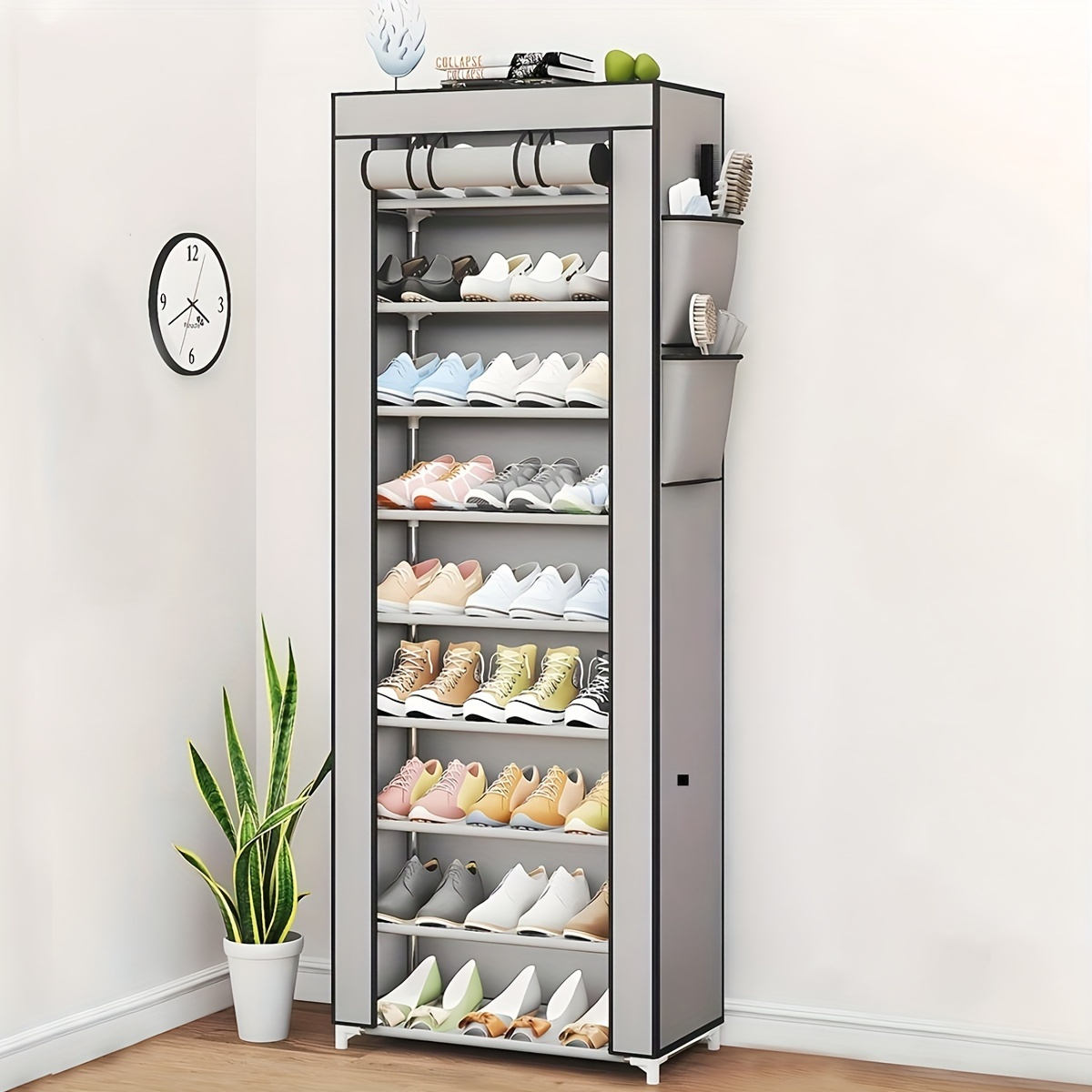 

Sleek Style| Spacious Dustproof Shoe Rack - Stainless Steel & Cloth, Easy To Assemble, Large Capacity Organizer With Side Pockets For Bedroom & Dorm