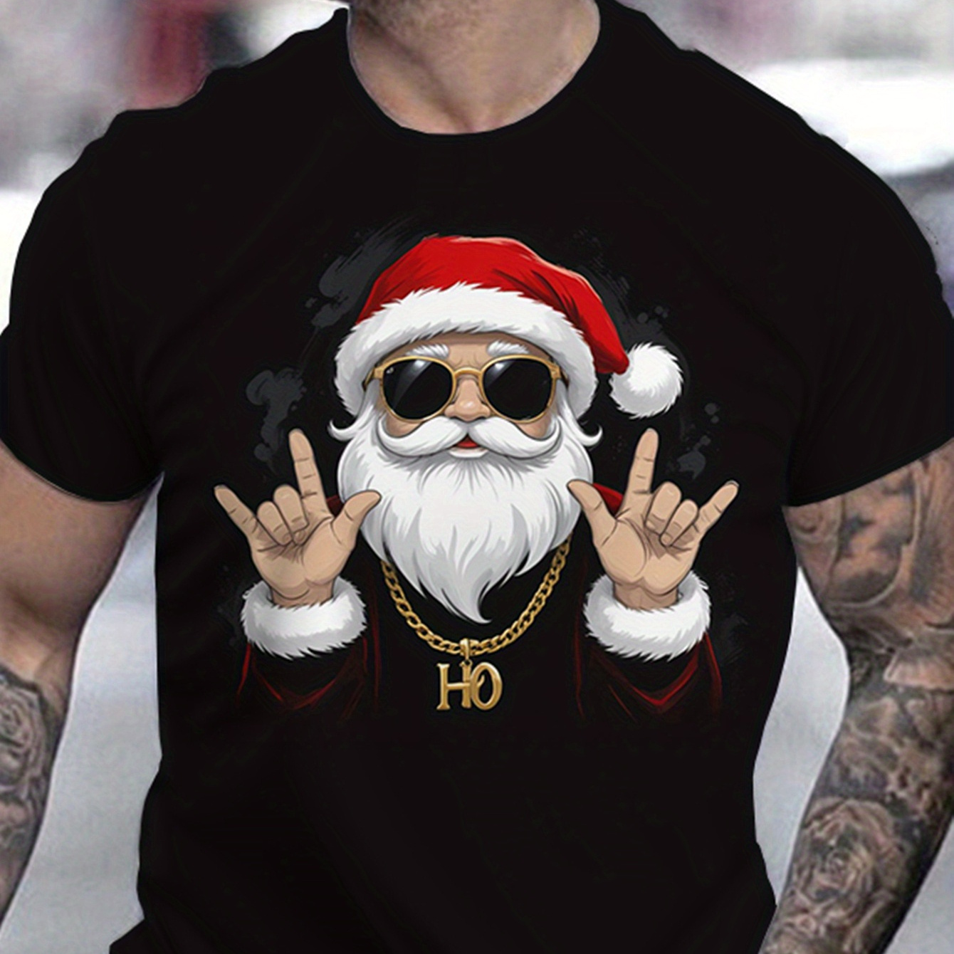 

Comfortable And Breathable High Quality Men's Crewneck T-shirt, Cool Santa Claus Print T-shirt 's Casual Crewneck Short Sleeve Top