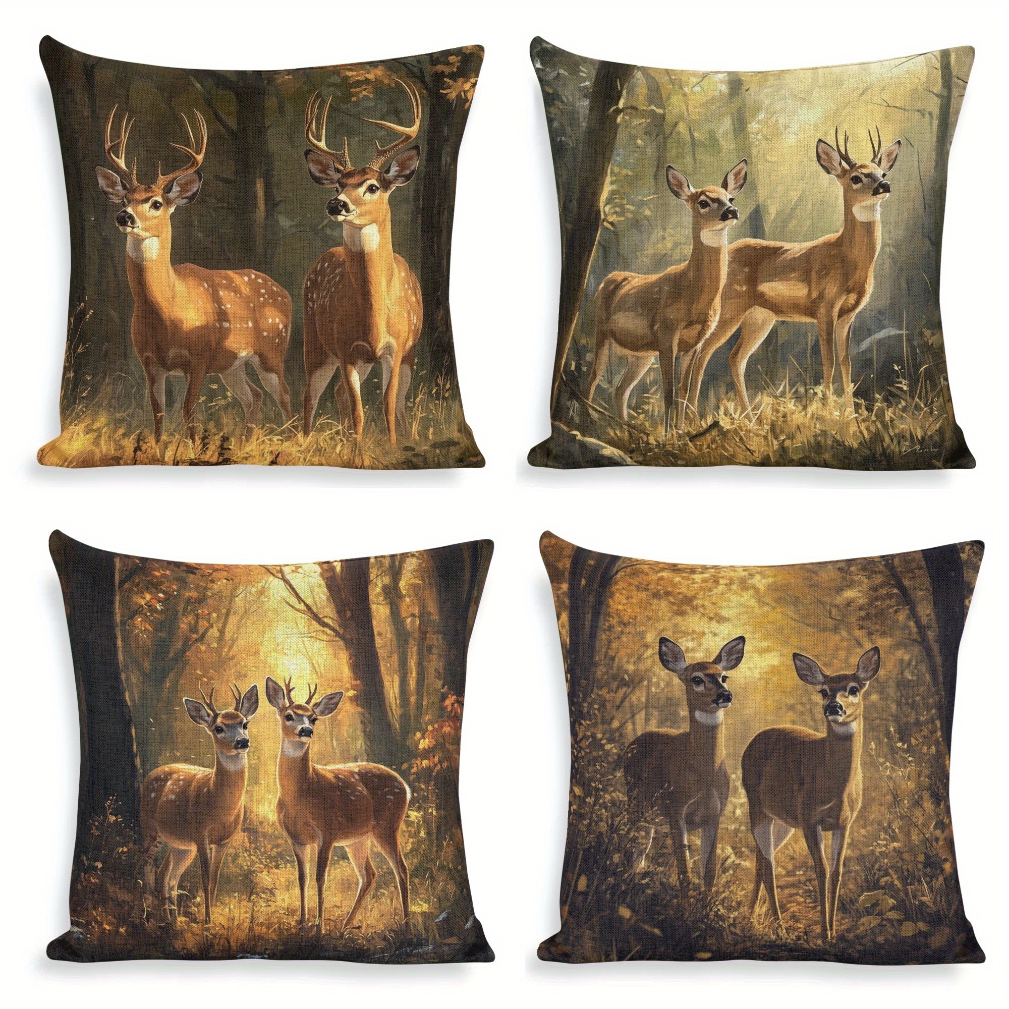 

4-pack Deer Throw Pillow Covers, 18x18 Inch, Contemporary Style Decorative Cushion Cases, Polyester Zippered Pillowcases For Sofa, Chair, Bed, Room Types - Hand Washable Wildlife Scene