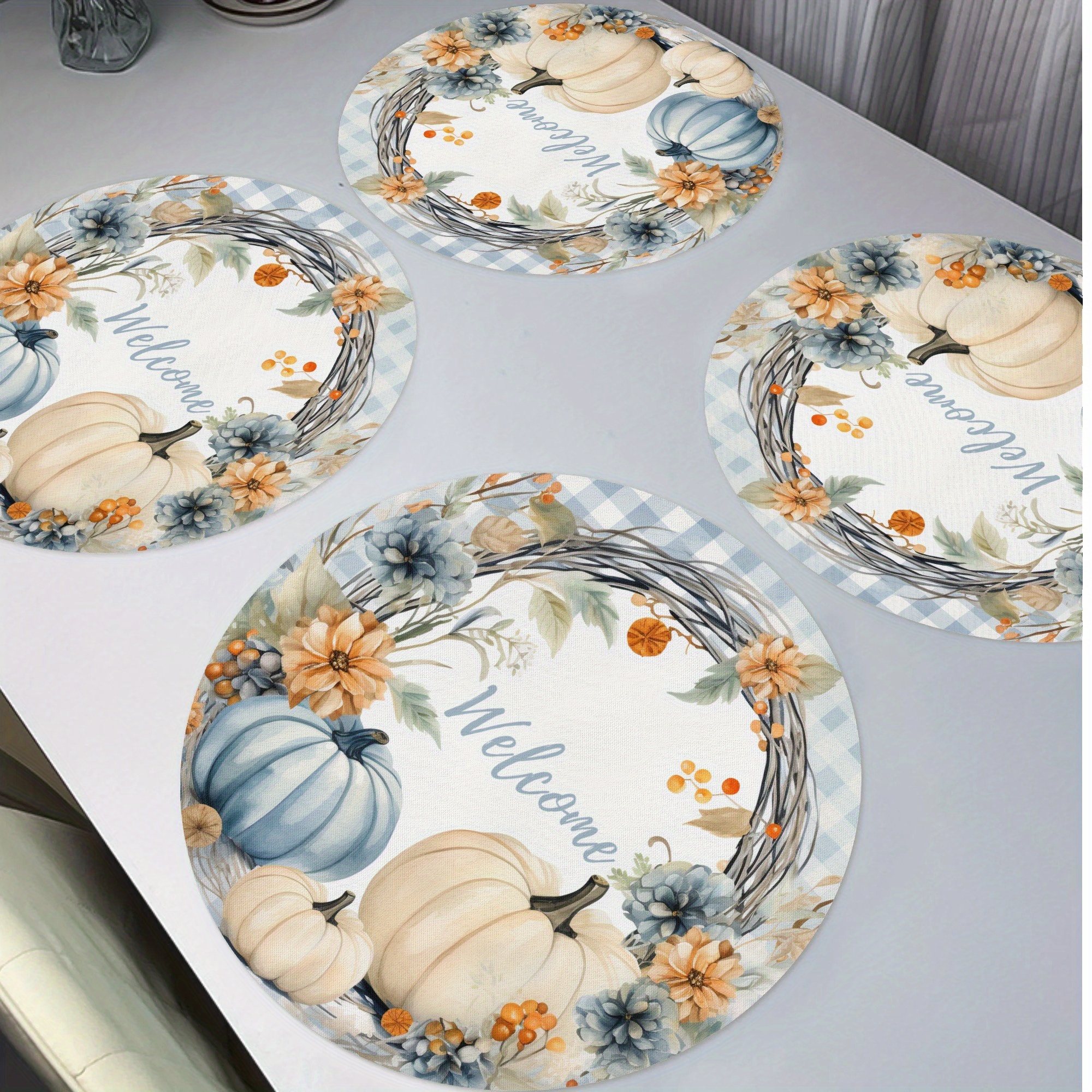 

4-pack Polyester Placemats, 15-inch Round Non-woven Table Mats With Blue And Design, Hand Wash Only, Decorative Dining & Kitchen Placemats For Thanksgiving And Fall Parties