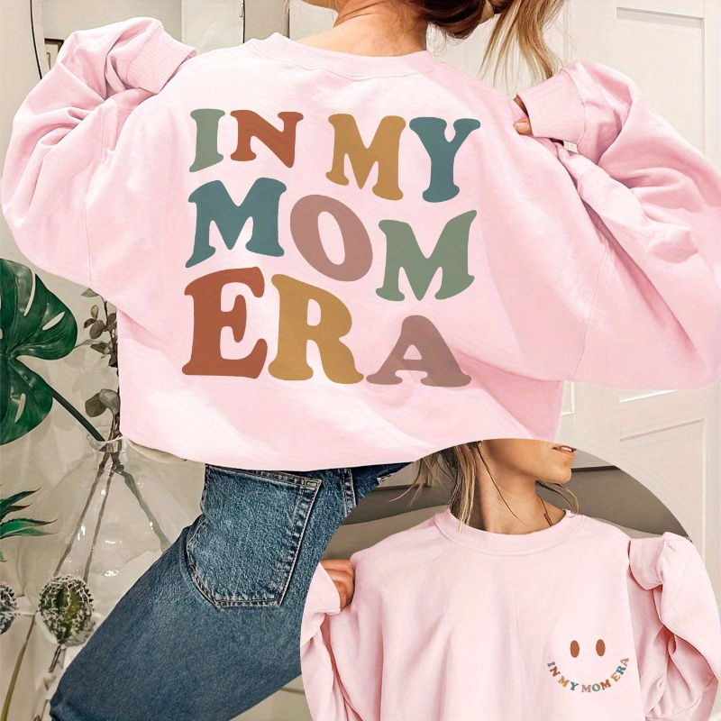 

Casual Polyester Knit Sweatshirt - Crew Neck Long Sleeve With Double Side In My Mom Era Letter Print For Fall/winter