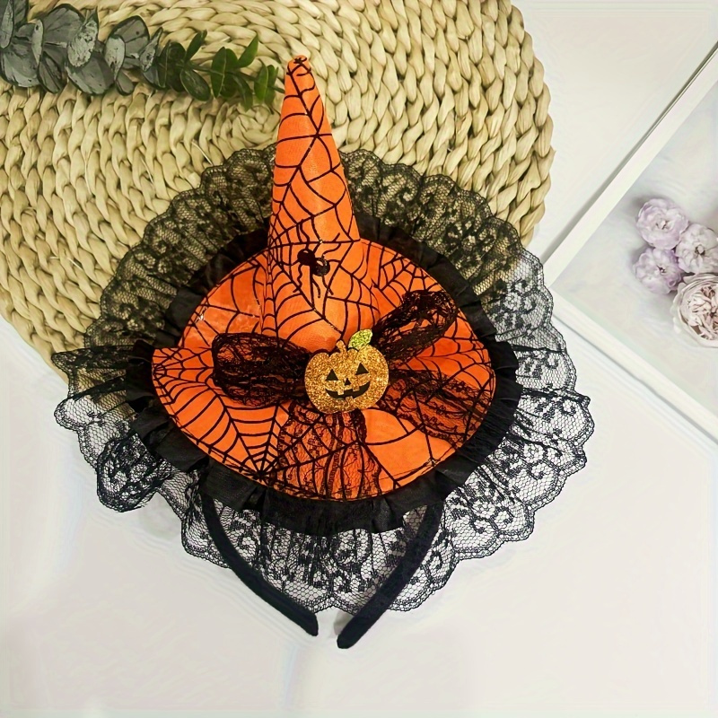 TEMU Fascia per capelli chic con cappello da strega per Halloween, con motivo a zucca - Perfetta per accessori per capelli in pizzo e tulle da donna