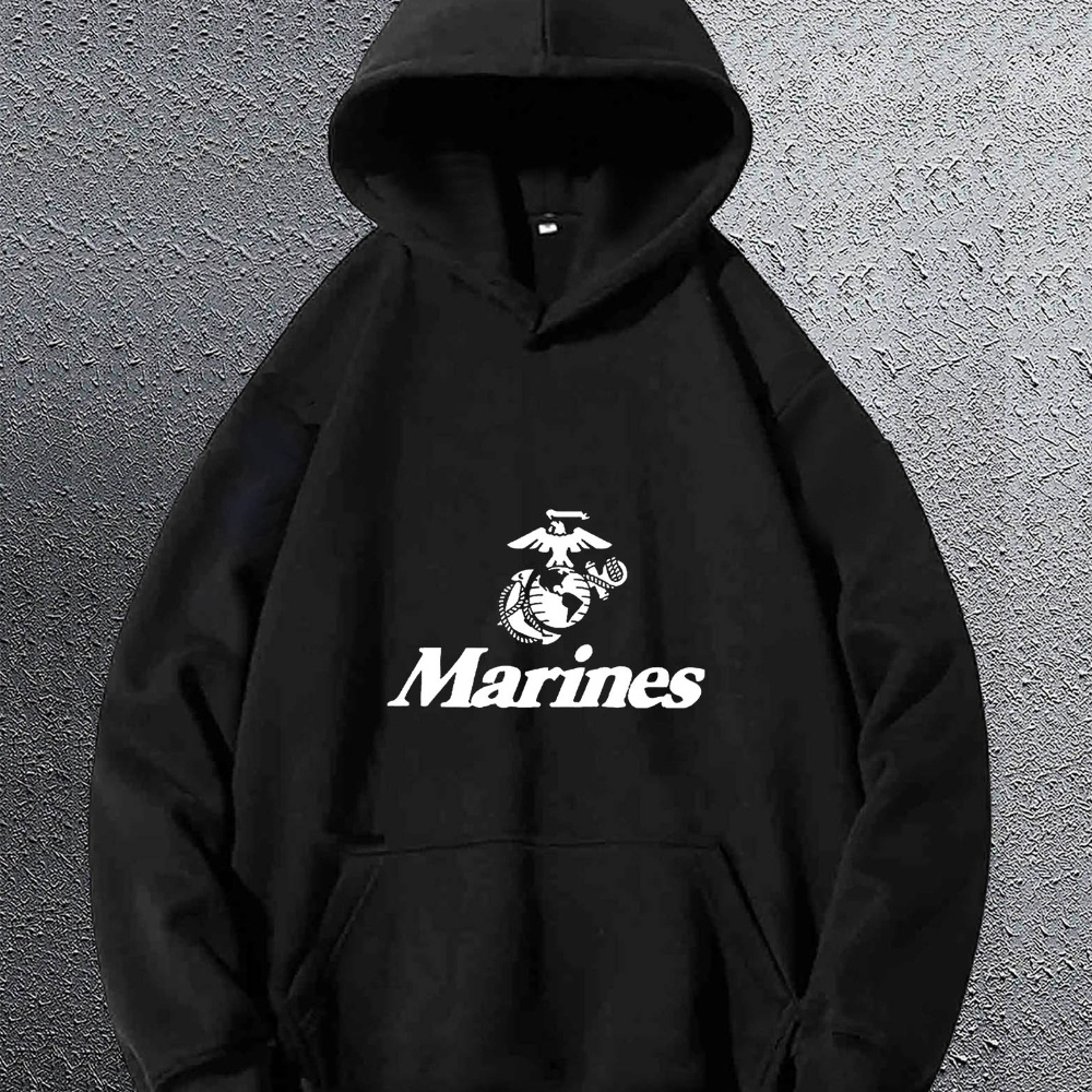 

Men's Casual Hooded Sweatshirts With Kangaroo Pocket - Marines , Long Sleeve Hoodies, 100% Polyester Knit Fabric, Loose Fit, All Season Wear