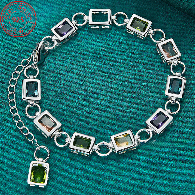 

S925 Sterling Silver Multi-colored Synthetic Zircon Bracelet - Silver With Sparkling Colored Synthetic Zircon - Stylish Elegant Luxury - Wear And Party - Women's Trend Charm Jewelry Gift