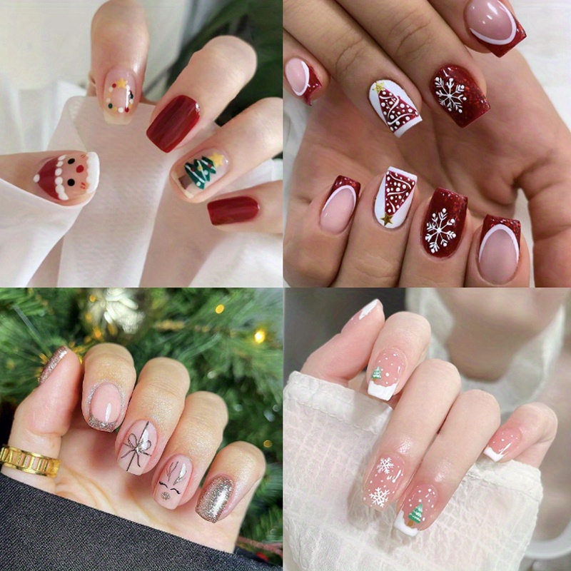 

96pcs Short Square Christmas Fake Nails (4 Pack) Glitter Press On Nails Snowan Christmas Tree Pattern Glue On Nails Artificial Full Cover Stick On Nails For Women And Girls