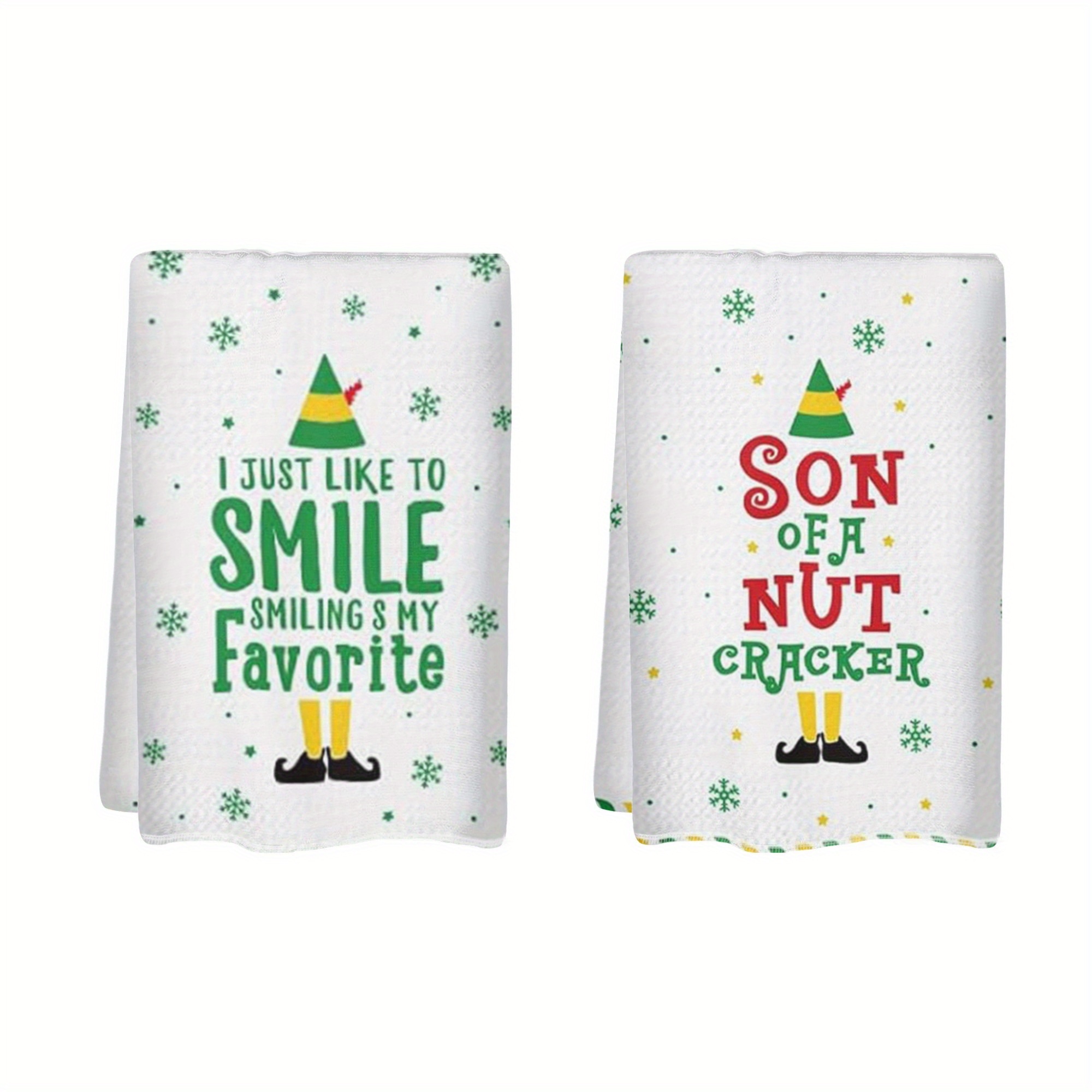 

2pcs Fun Elf Christmas Kitchen Towels - 18x26" Absorbent Polyester Dish Cloths, Modern Cartoon Design For & Hotel Decor