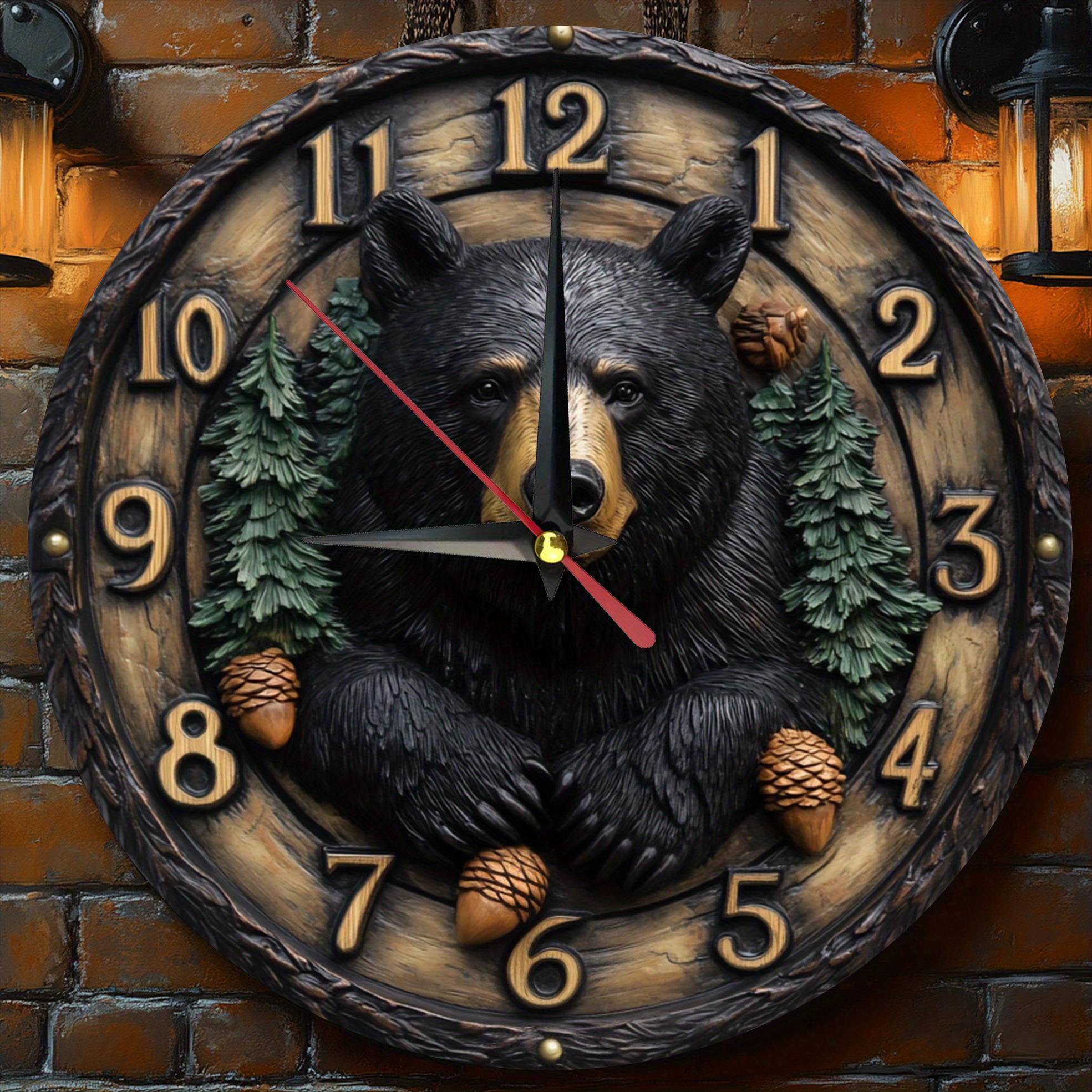 TEMU 12-inch Silent Black Bear Wall Clock - Rustic With Pine Cones & Antlers, Easy-to-read White , No Ticking Sound, Aa Battery Powered - Perfect For Kitchen, Bedroom, Or Office Decor