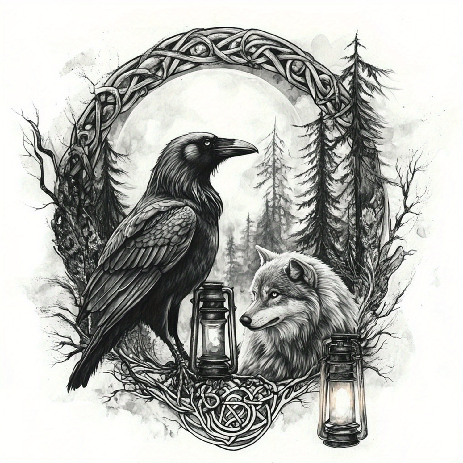 Image of Of Temporary Tattoos Featuring , , Wolves, And Moonlight Designs, Perfect For Body Art, For Party Decorations, And Favors. Fake Tattoos To The Neck, , And Chest For Men And Women