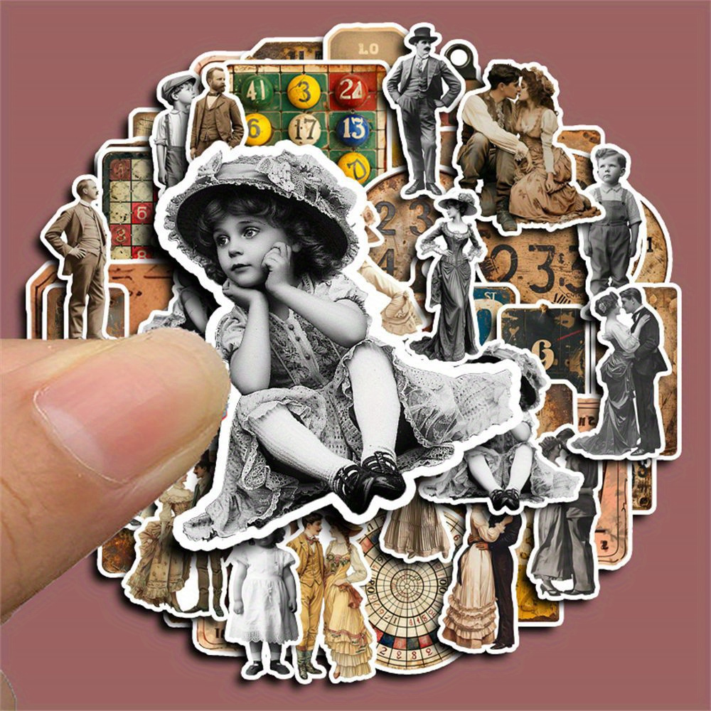 

50pcs Vintage Digital Characters Stickers - Creative Washi Paper Decals For Scrapbooking, Laptops & Crafts