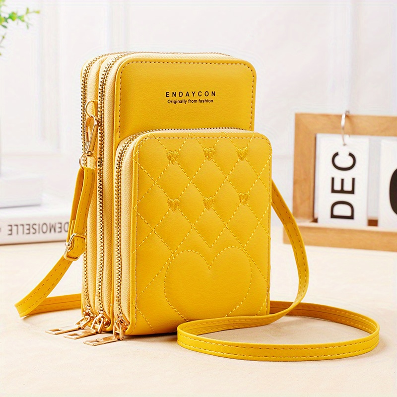 TEMU Heart Embroidery Mobile Phone Bag, Multi Layer Crossbody Wallet, Fashion Mini Shoulder Coin Purse