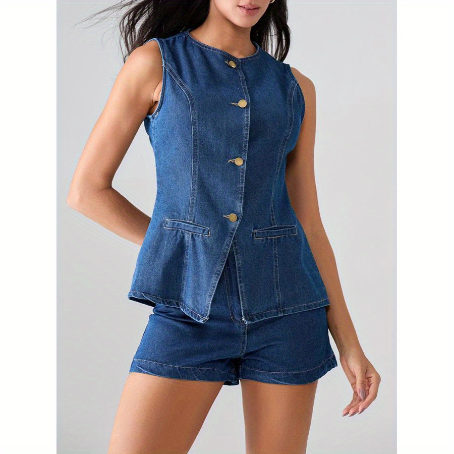 

Women's Denim Long Vest Tops Button-up Back Slit Sleeveless Pocket Round Neck Waistcoat