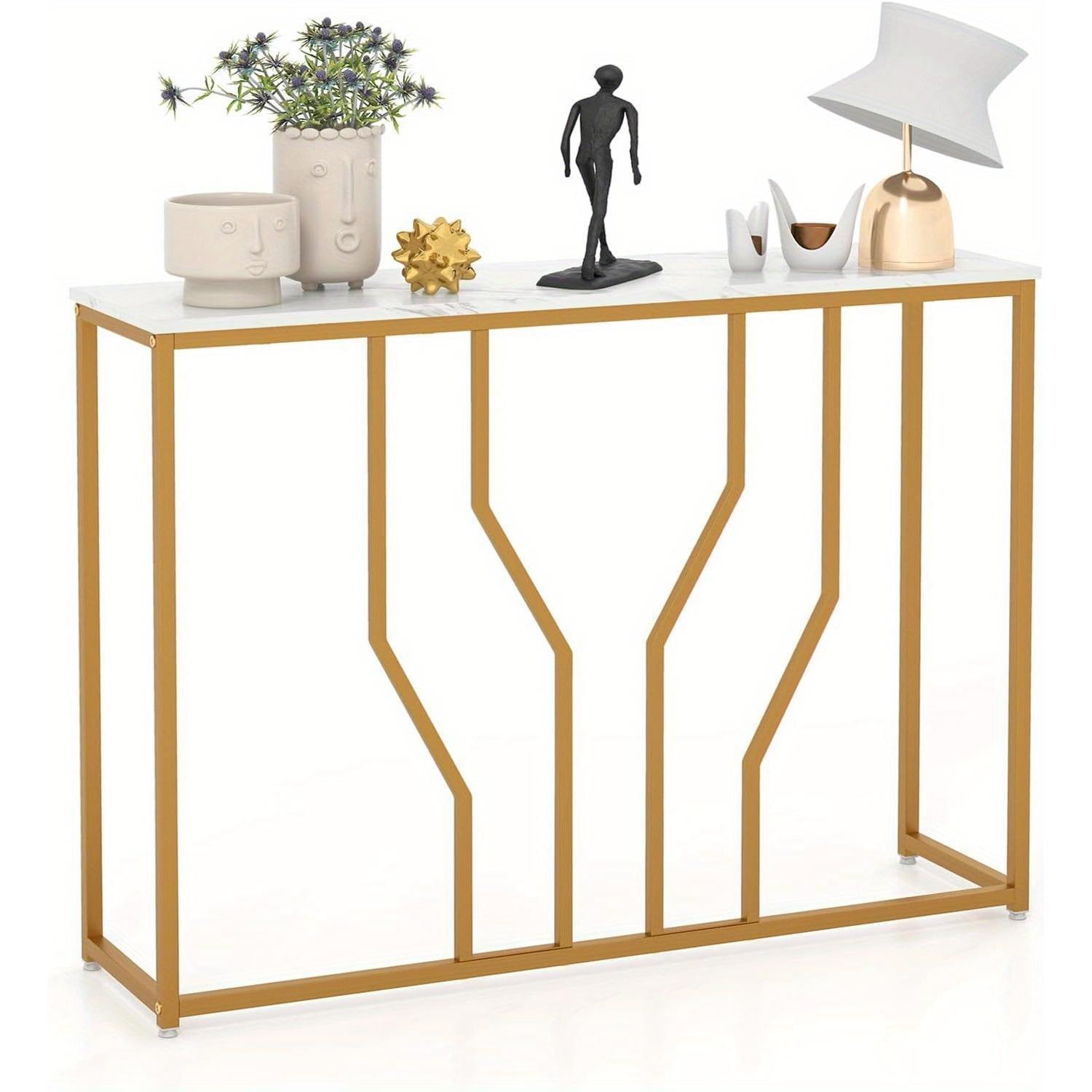 Image of Console Table, Entrance Table, Narrow Marble Look, Sofa Table With Geometric Metal Frame, Side Table, Golden And White, 110 X 30 X 80 Cm, For Living Room, Hallway, Entrance