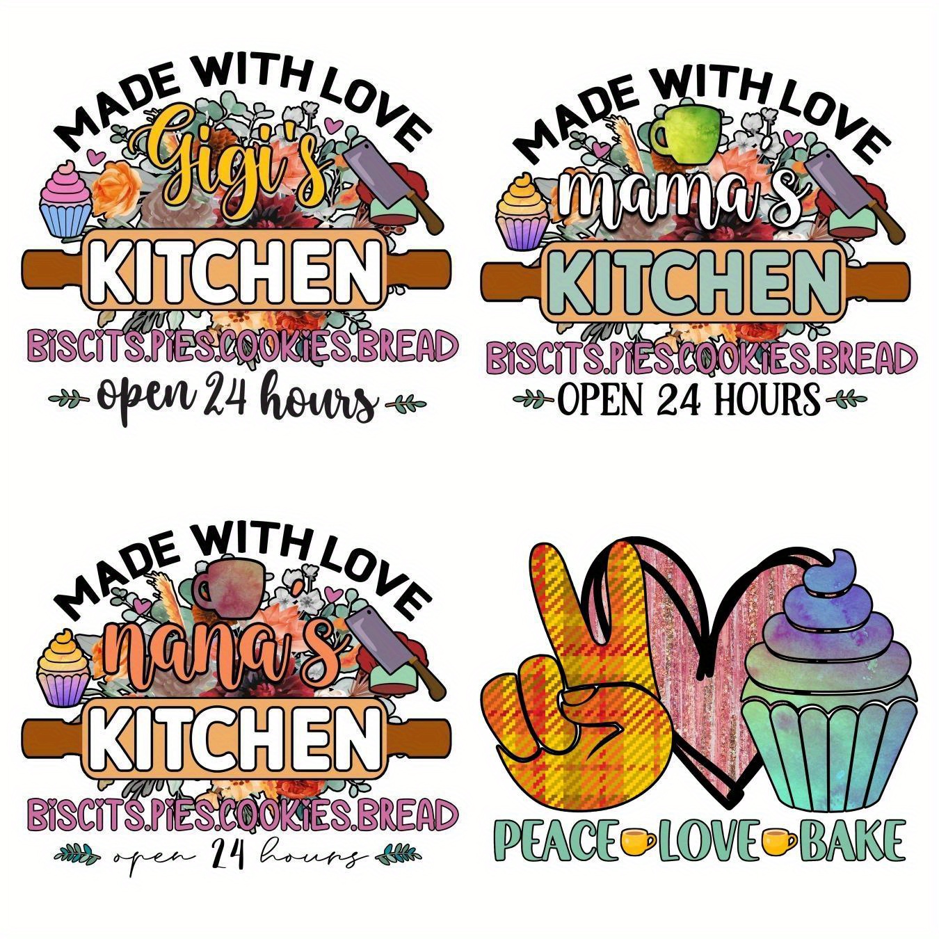 

4 Pack Assorted Kitchen Themed Iron-on Transfers | Plastic Material | Mixed Color | Diy Heat Transfer Patches For T-shirts, Sweatshirts, Jeans, Backpacks, Canvas Bags | Baking & Love Motif Decor